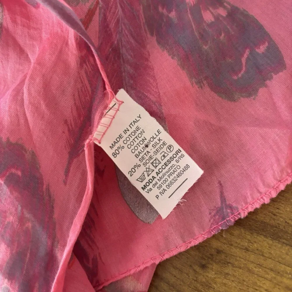 Moda Accessori Italy Pink Feather Print Scarf Cotton Silk Blend Lightweight